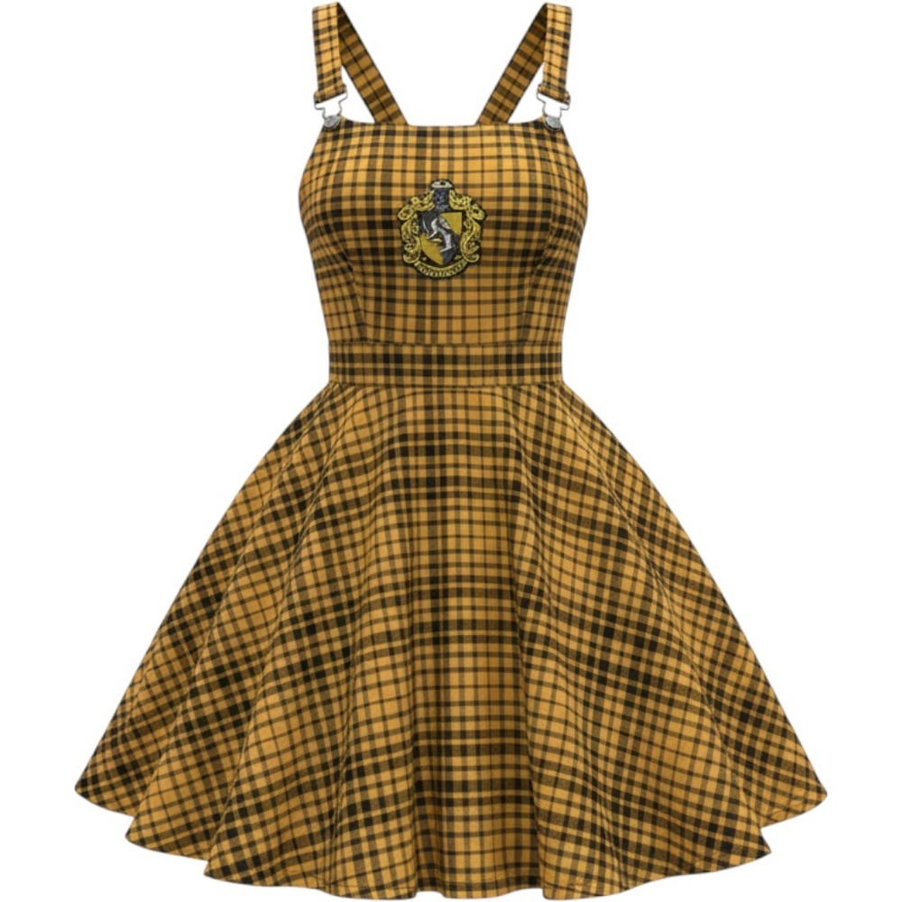 Harry Potter Hufflepuff Dress Women MD Yellow Plaid Overall Jumper Pockets